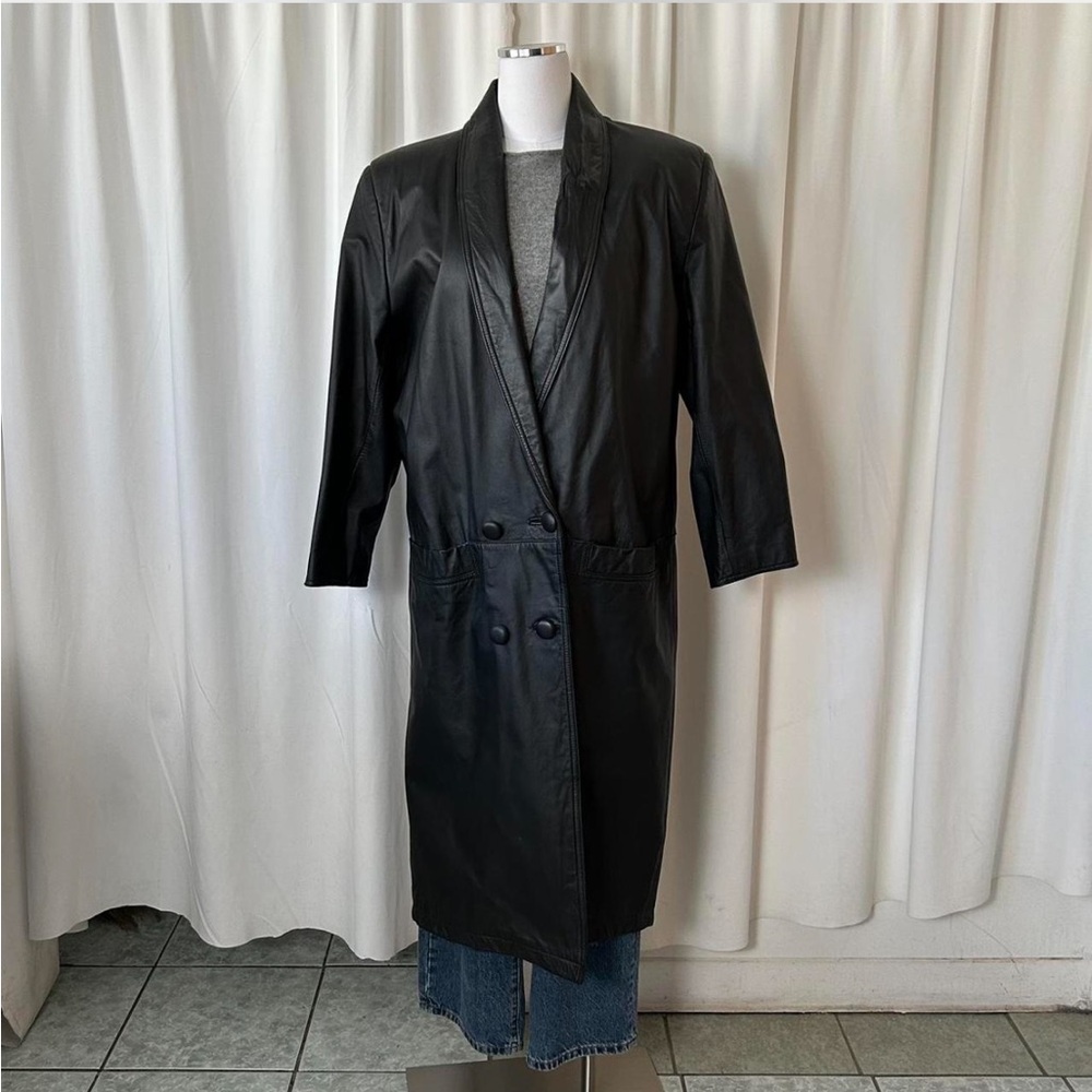 Vintage Pelle Club black long leather trench coat size Medium. - Picture 2 of 12